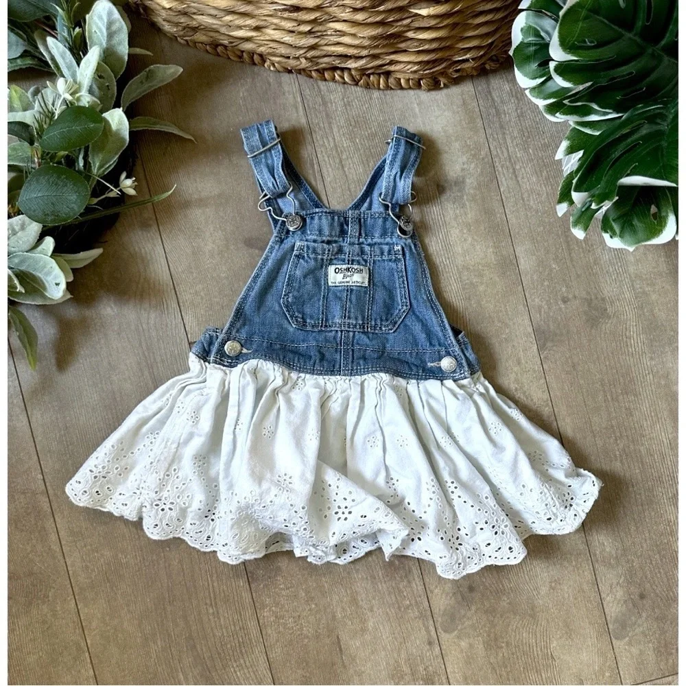 OshKosh B'gosh Blue and White Denim Eyelet Overalls Jumper Dress 18m Girl